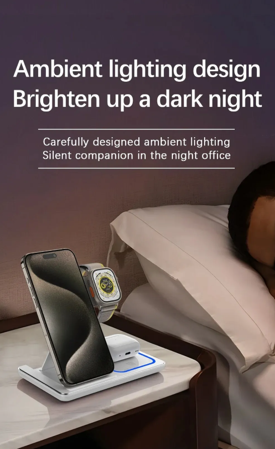 3-in-1 LED Fast Wireless Charger Stand – Foldable Charging Station for iPhone, Apple Watch & AirPods (Black/White)