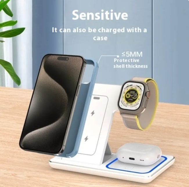 3-in-1 LED Fast Wireless Charger Stand – Foldable Charging Station for iPhone, Apple Watch &amp; AirPods (Black/White)