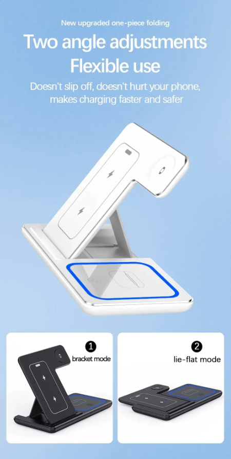 3-in-1 LED Fast Wireless Charger Stand – Foldable Charging Station for iPhone, Apple Watch &amp; AirPods (Black/White)