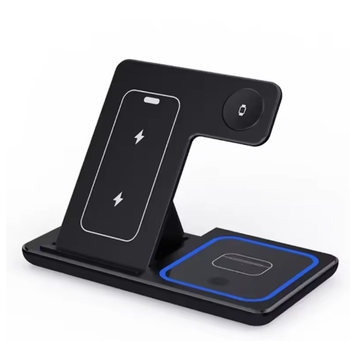 3-in-1 LED Fast Wireless Charger Stand – Foldable Charging Station for iPhone, Apple Watch &amp; AirPods (Black/White)