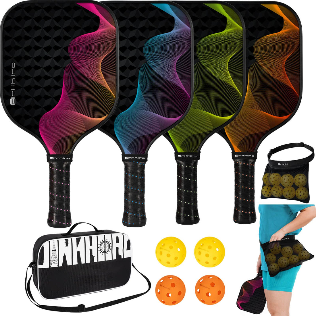 Dinkhiiro Pickle-Ball Paddle Set of 4 with Outdoor Indoor Balls Racquet Case Waist Ball Holder Bag | Fiberglass Pickle-Ball Rackets for Adults Teens | Pickleball Gear Kit for Women Men